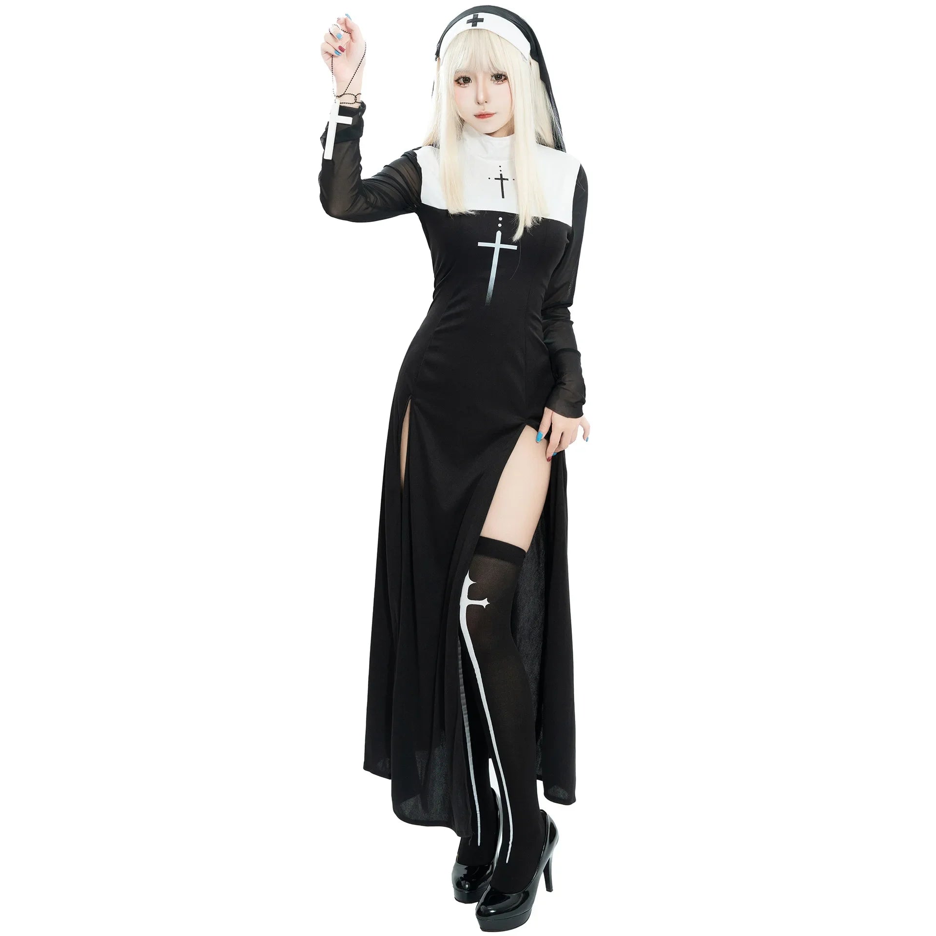 Halloween Anime Costume Sexy Nun Dress Women Fancy Gothic Robe Black Uniform Adult Themed - suit B / XL