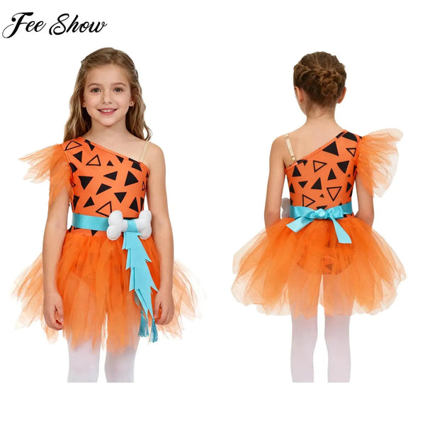 Kids Girls Halloween Theme Party Caveman Flintstone Primitive Man Cosplay Costume 3D Bone Decor Mesh Tutu - product image 1