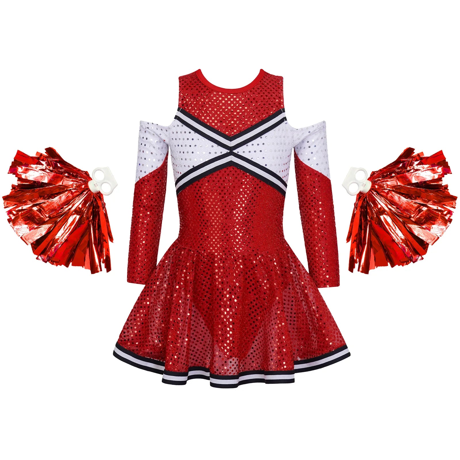 Kids Girls Cheerleader Costume Halloween Cosplay Cheerleading Dance Outfits Sequins Dress with Pom Poms Bow - product image 12
