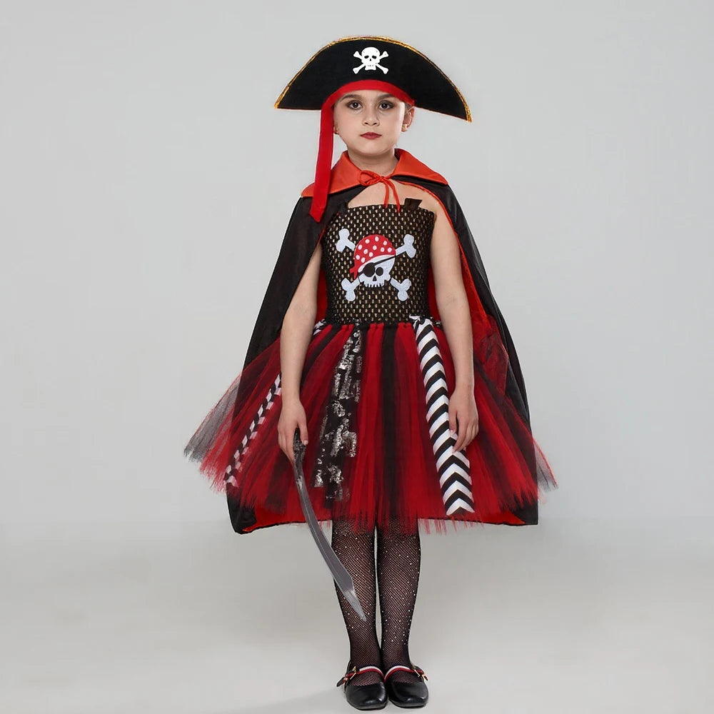 Black Red Halloween Girls Pirate Dress Cosplay Pirate Costume with Hat Kids Clothing - product image 4