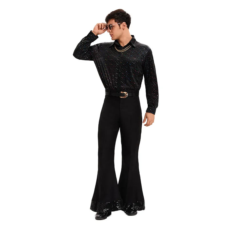 Men's 70s 80s Retro Disco Hippie Costume Polyester Bell Bottom Pants Top Set Halloween Holiday Party Cosplay - product image 2