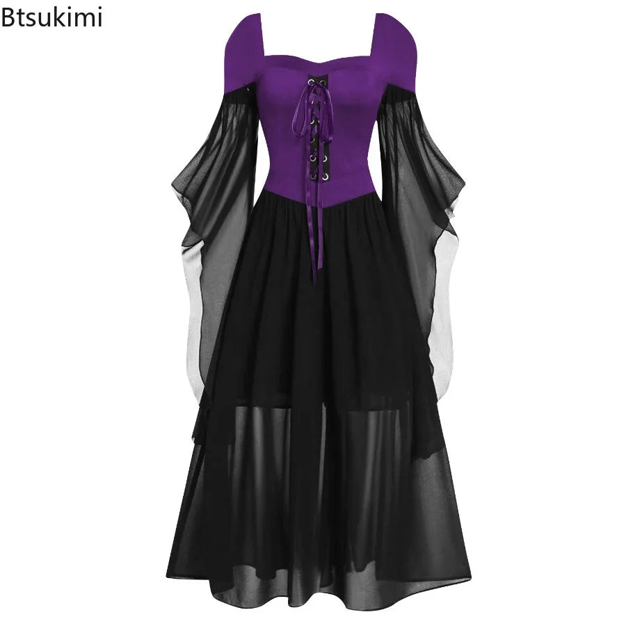 Women's Vintage Gothic Dress Halloween Witch Cosplay Costumes Off Shoulder Lace-Up Medieval Maxi Dress Retro - product image 4