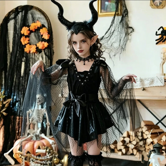 Halloween Enfant Demon Costume Witch Black Outfit Gothic Stage Show Vampire Dress with - 5PC / XXXL150cm