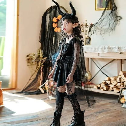 Halloween Enfant Demon Costume Witch Black Outfit Gothic Stage Show Vampire Dress with - 5PC / XL 130cm