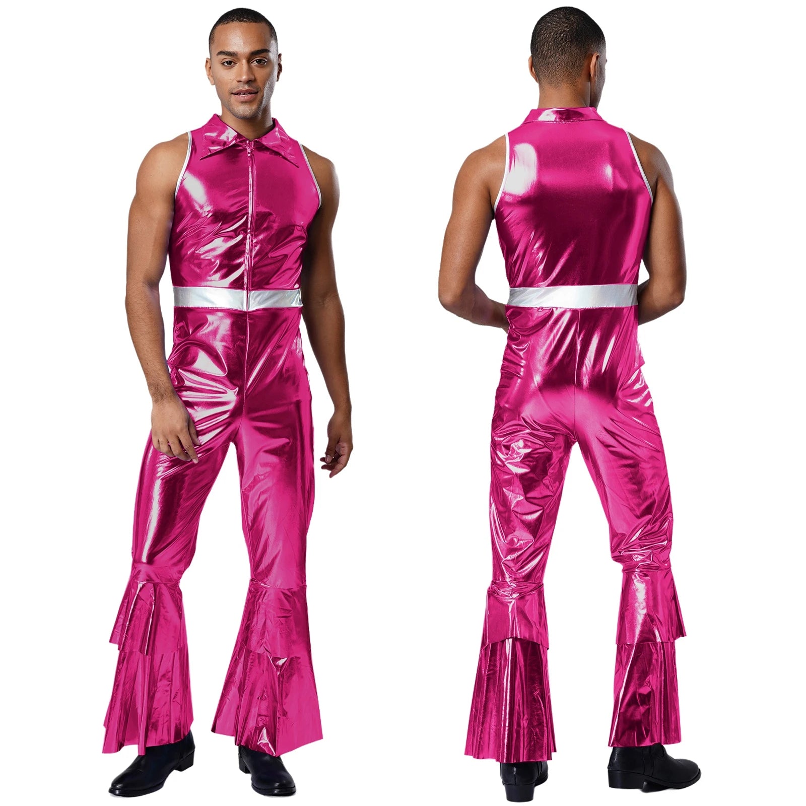 Adult Mens Shiny Metallic 70s Disco Costume Lapel Collar Sleeveless High Waist Flared Jumpsuit Rock Disco - product image 9