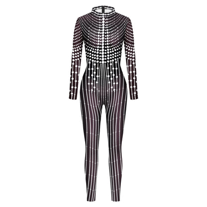 Halloween Cosplay Costume Shiny Sexy Lace Sequins Pattern 3D Printed Slim Bodysuit Theme Party Role Playing Jumpsuit for Women