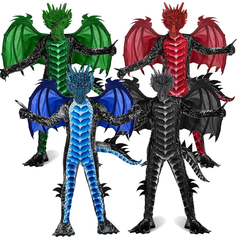 Dragon Jumpsuit With Wing And Mask Outfit Child Boys Black Blue Dragon Costume Dress