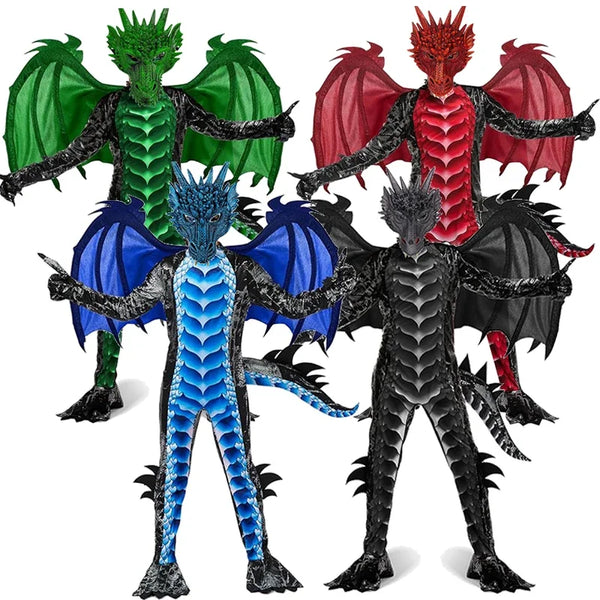 Dragon Jumpsuit With Wing And Mask Outfit Child Boys Black Blue Dragon Costume Dress