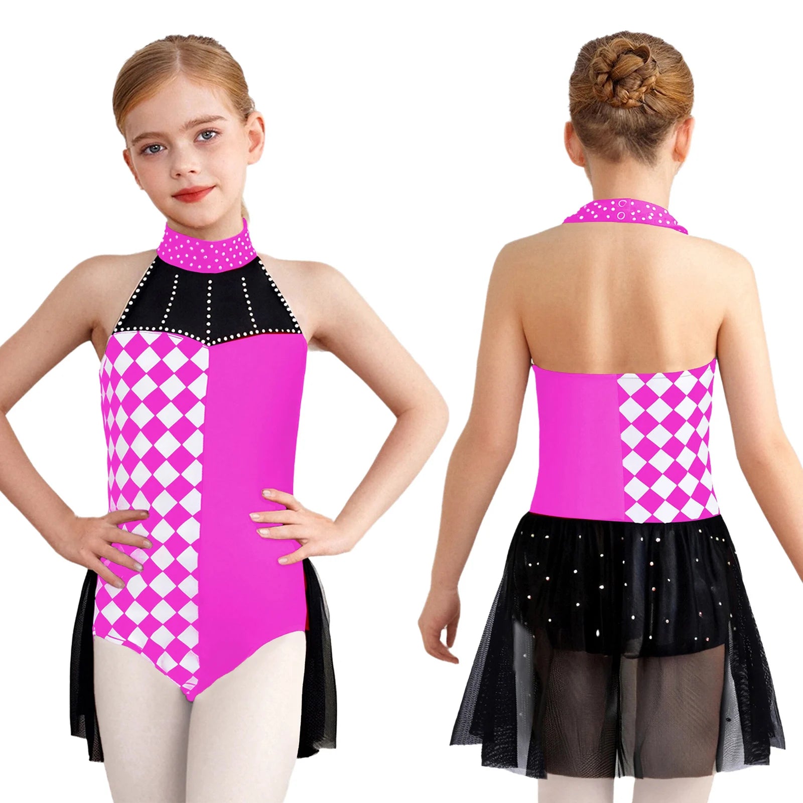 Girls Circus Clown Performance Costume Halloween Plaid Halter Sleeveless Dance Leotard - 8 / Black Rose