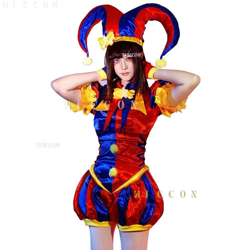 Circus Clown Costume Wig Halloween Cute Pommni Hat Cartoon Onesie Red and Blue Stripe - Costume / L