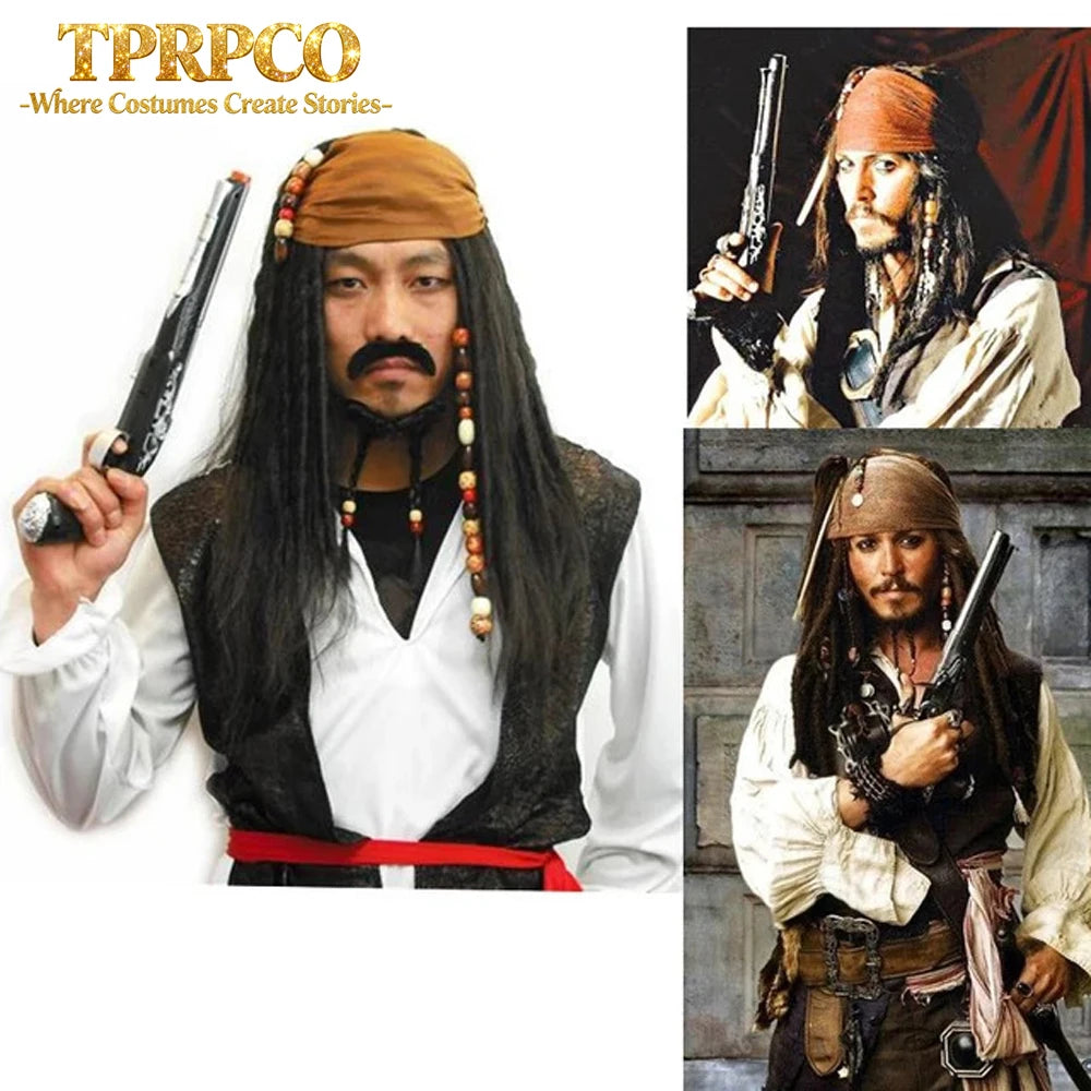 halloween costume for men adult pirate captain jack sparrow wigs hat pirates of the caribbean cosplay - product image 5
