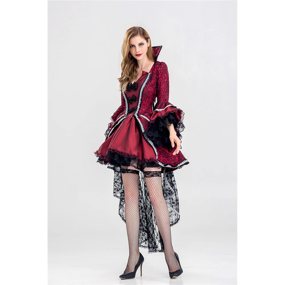Halloween Costume Vampire Poncho Dress Queen Witch Lace Dress Performance Garment Suit - red / M