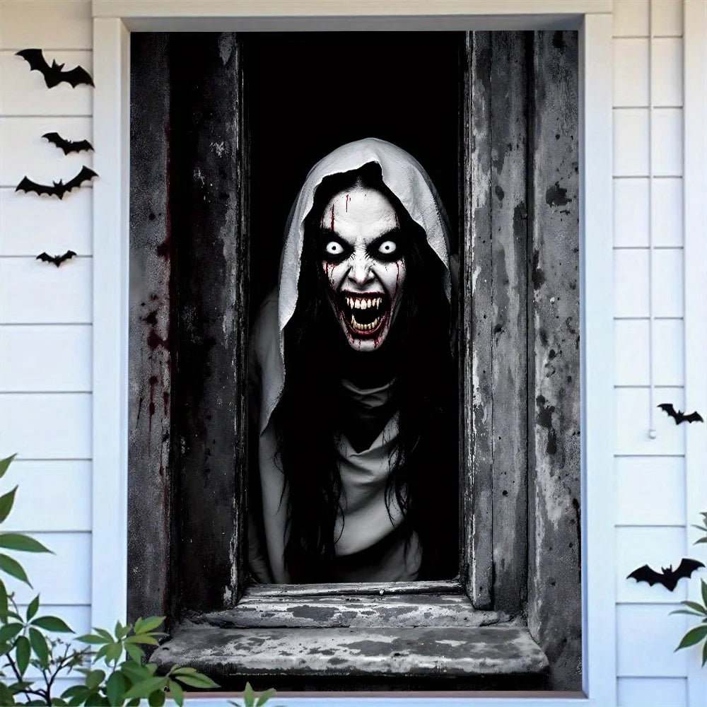 One Halloween curtain - featuring a terrifying design of a ghostly female - product image 1