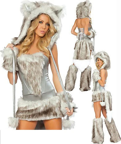Adult female sexy and cute green caterpillar frog Halloween party fox costume animal role-playing costume and big tail costume