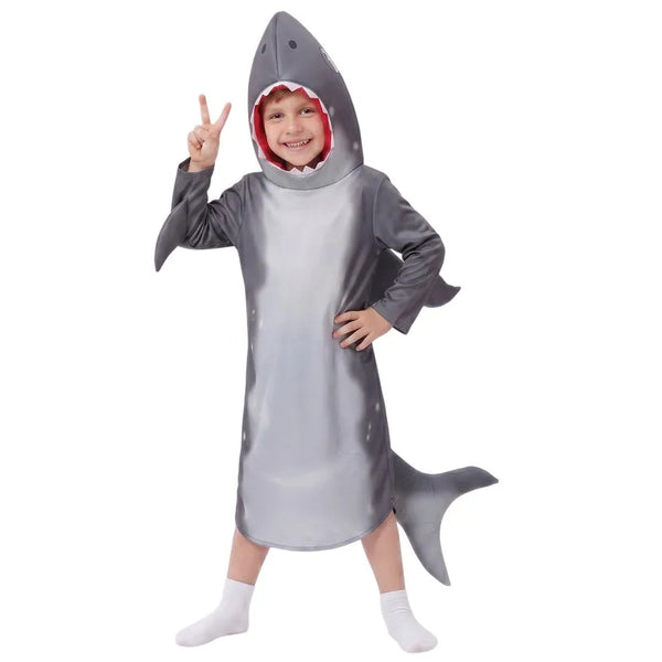 Childrens Shark Hooded Cosplay Costume with Tail Halloween Party Dress Up Performance OutfitSchool Play Performance Outfit