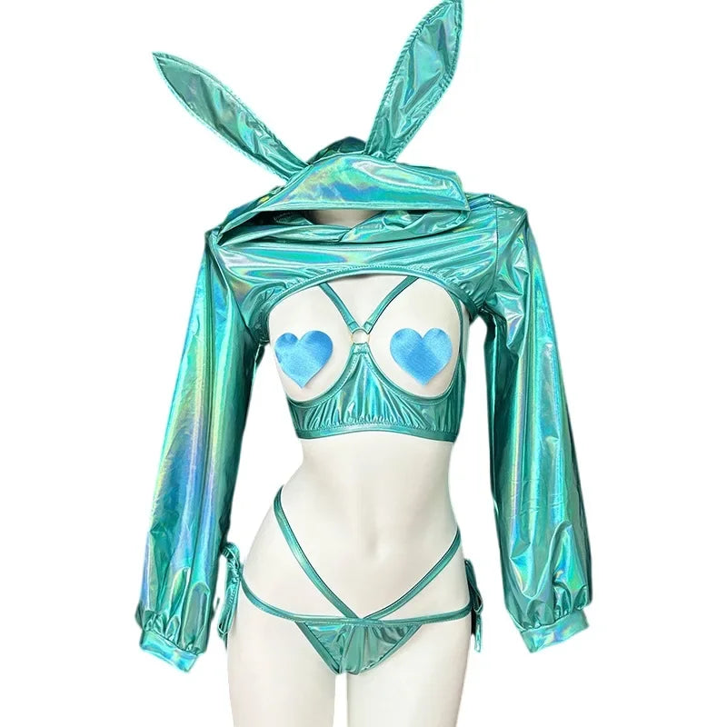 Sexy Lingerie Anime Bunny Girl Cosplay Pink Laser Patent Leather Top Bikini Rabbit Girl Shiny Halloween Underwear