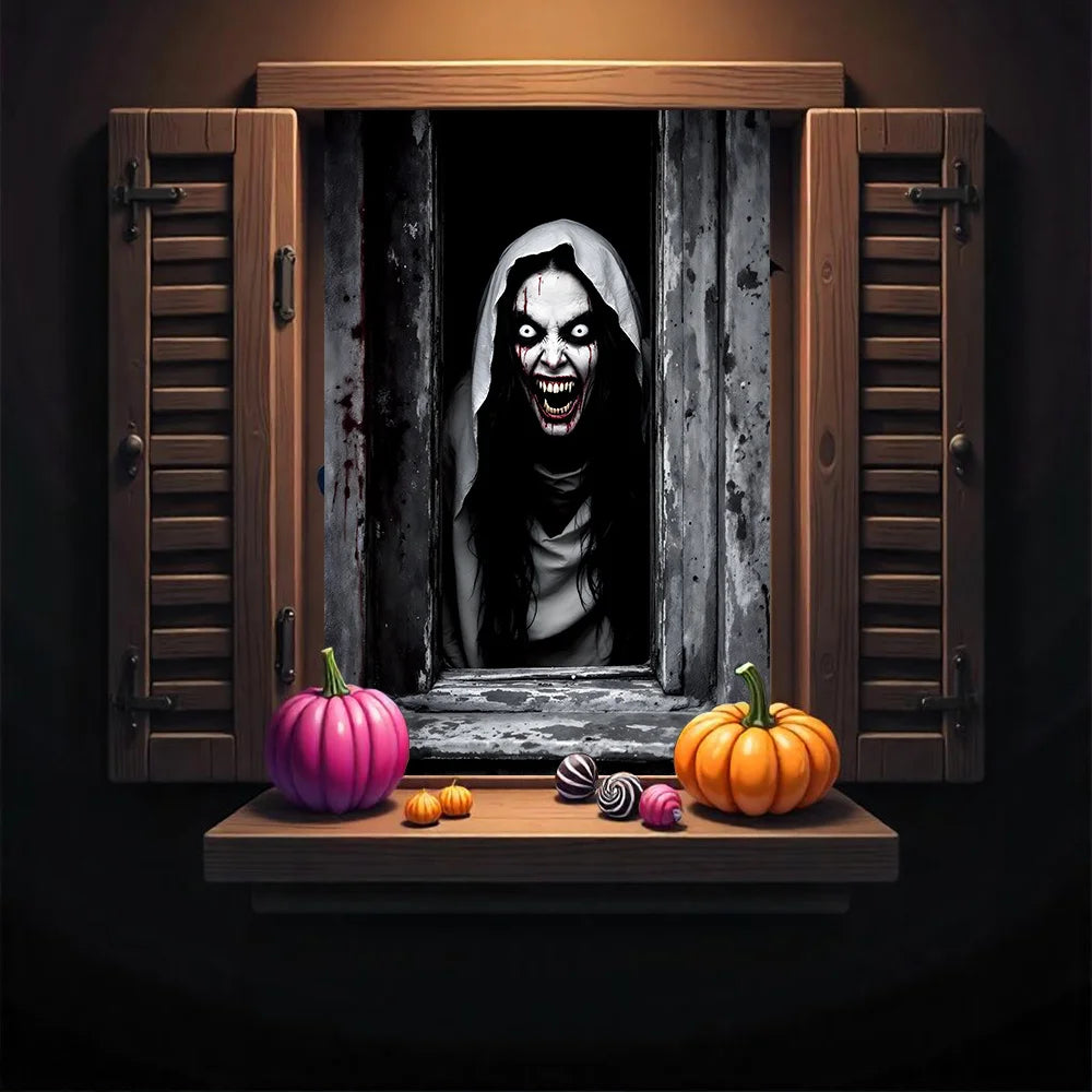 One Halloween curtain - featuring a terrifying design of a ghostly female - product image 5