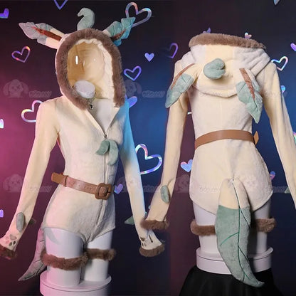 Anime Eevee Cosplay Costume Women Sexy Flannel Hooded Bodysuit Socks Suit Bunny Girl Cute Cartoon Plush Pajamas Jumpsuit Uniform