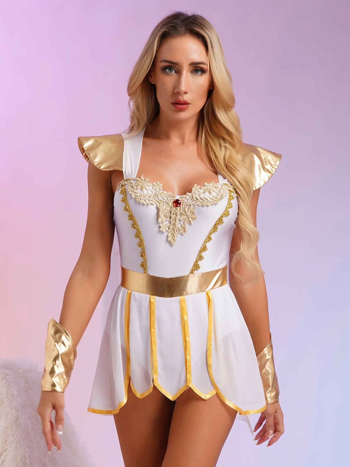 Halloween Ancient Greek Queen Bodysuit Athena Toga Costume Asymmetrical Egyptian Robe - White / M