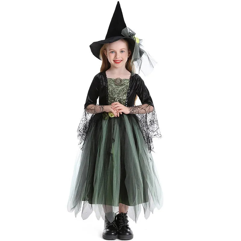 Halloween Costume Witch Kids Green Mesh Dress Hat Suits Theme Outfits for Girls - 140cm / Olive Green