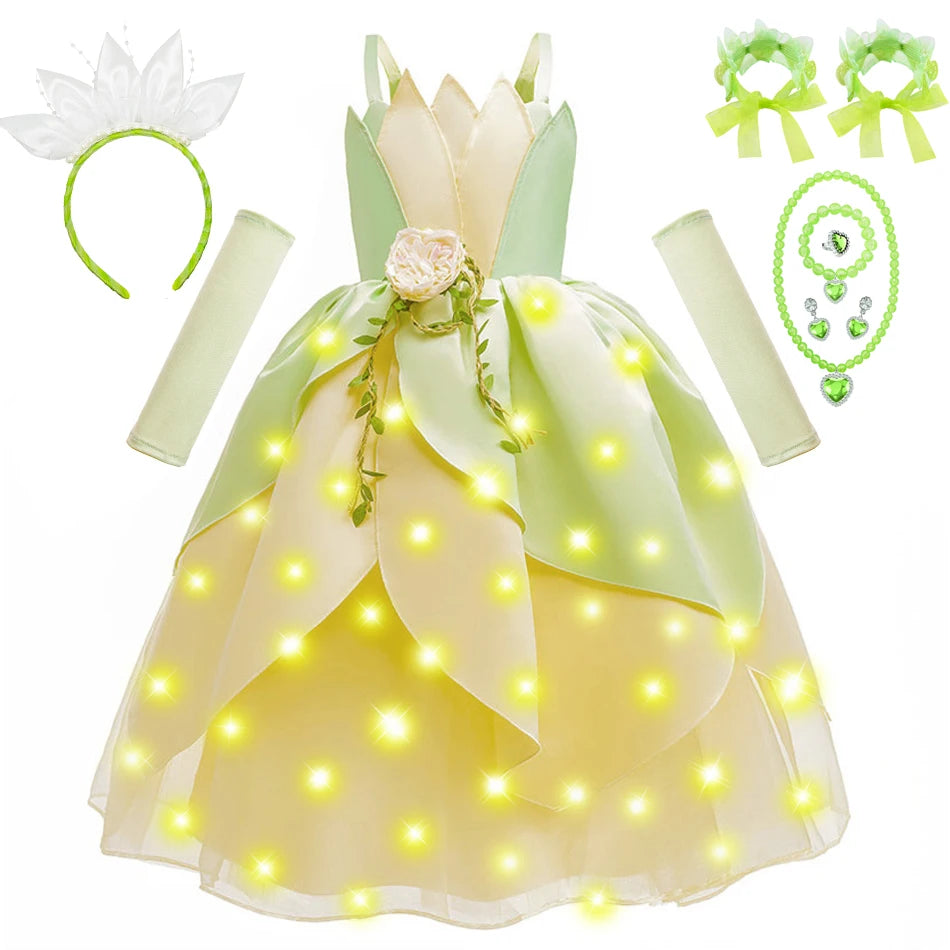 Girls Tiana-Inspired Princess Dress – Floral & Light-Up Costume Options
