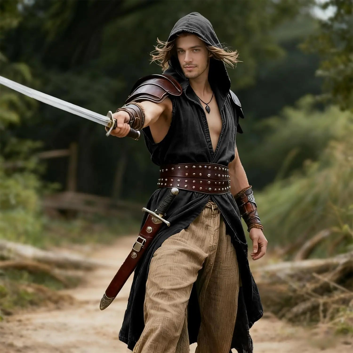 Medieval Costume Men Viking Hooded Sleeveless Surcoat, Mens Renaissance Costume Cloak for Halloween Assassin - product image 4