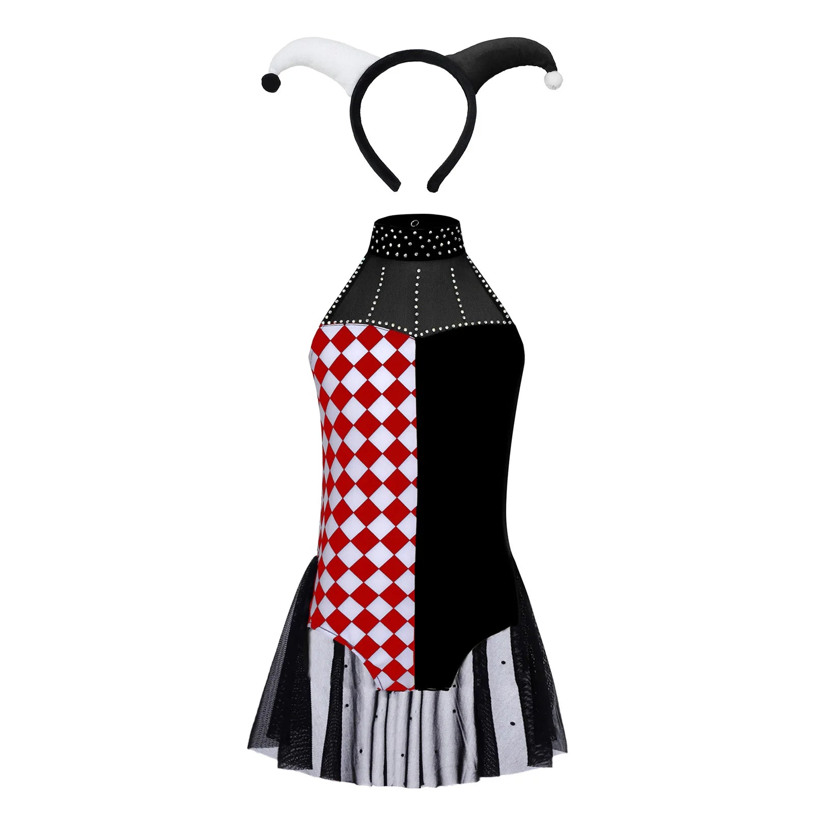 Girls Halloween Circus Clown Costume Performance Costume Sleeveless Rhinestone Mesh Dance - Black / 14