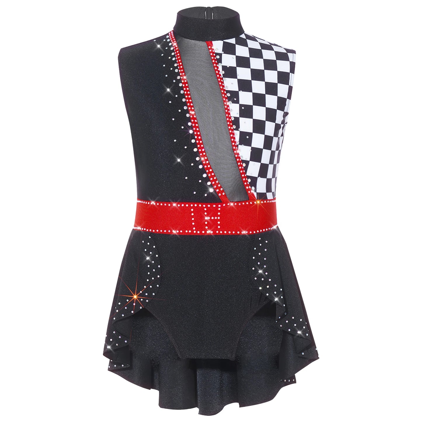 Kids Girl Halloween Circus Clown Costume Shiny Striped Tutu Leotard Ballet Gymnastics - Red / 14