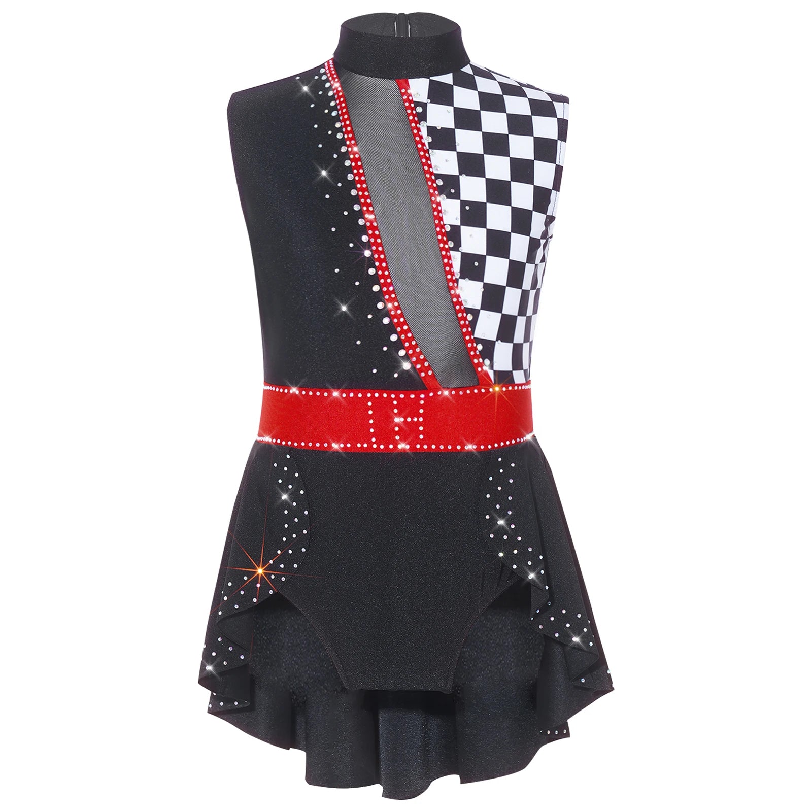 Kids Girl Halloween Circus Clown Costume Shiny Striped Tutu Leotard Ballet Gymnastics - Red / 14