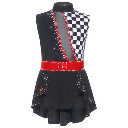 Kids Girl Halloween Circus Clown Costume Shiny Striped Tutu Leotard Ballet Gymnastics - Red / 14
