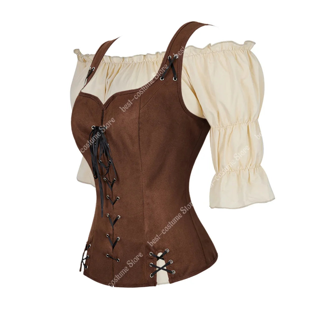Pirate Costume Women Medieval Vest Costume Plus Size Medieval Blouse Tops 2 Pieces