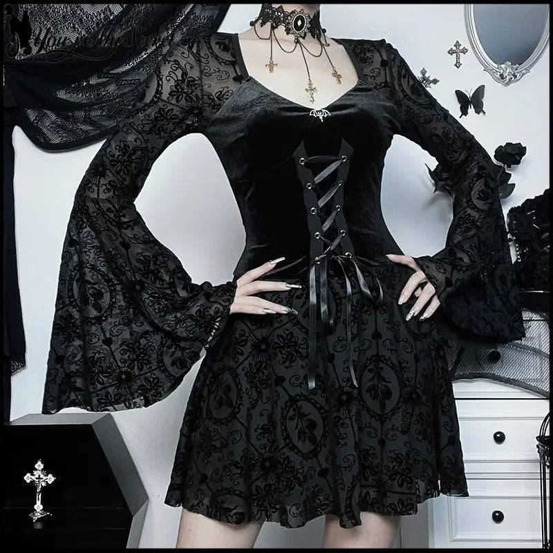 Women's Gothic Halloween Witch Dress Velvet V Neck Flocked Mesh Bell Sleeve Mini Dress Vintage Vampire - product image 2