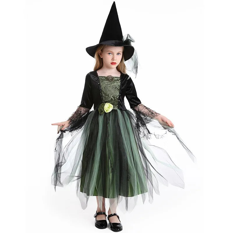Halloween Costume Witch Kids Green Mesh Dress Hat Suits Theme Outfits for Girls - 130cm / Olive Green