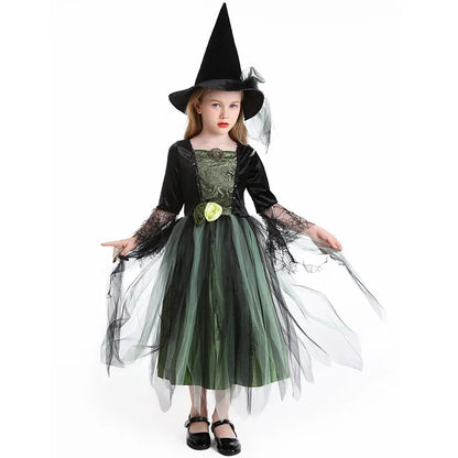 Halloween Costume Witch Kids Green Mesh Dress Hat Suits Theme Outfits for Girls - 130cm / Olive Green