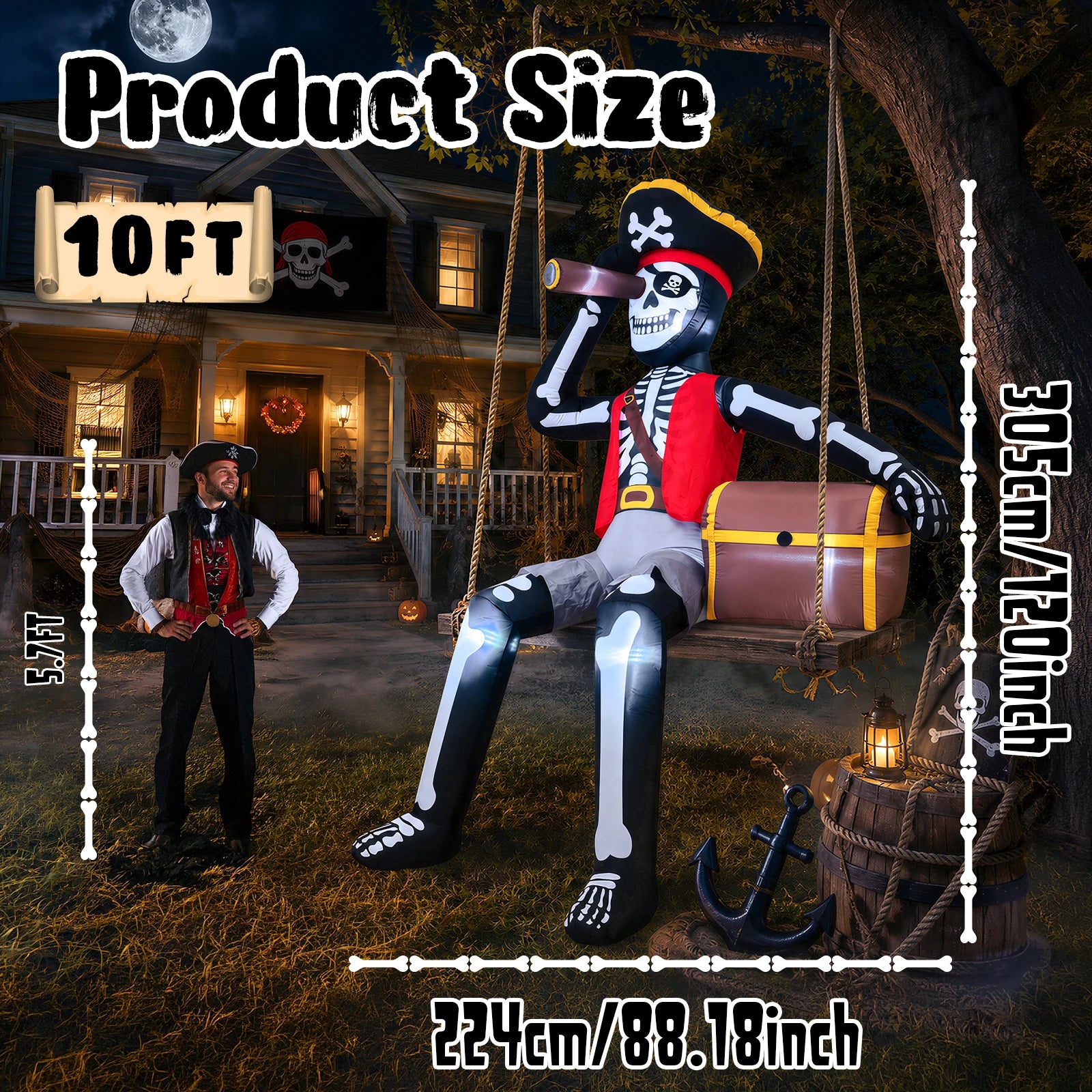 10ft Inflatable Pirate Skull Treasure Decor - Easy Setup Outdoor