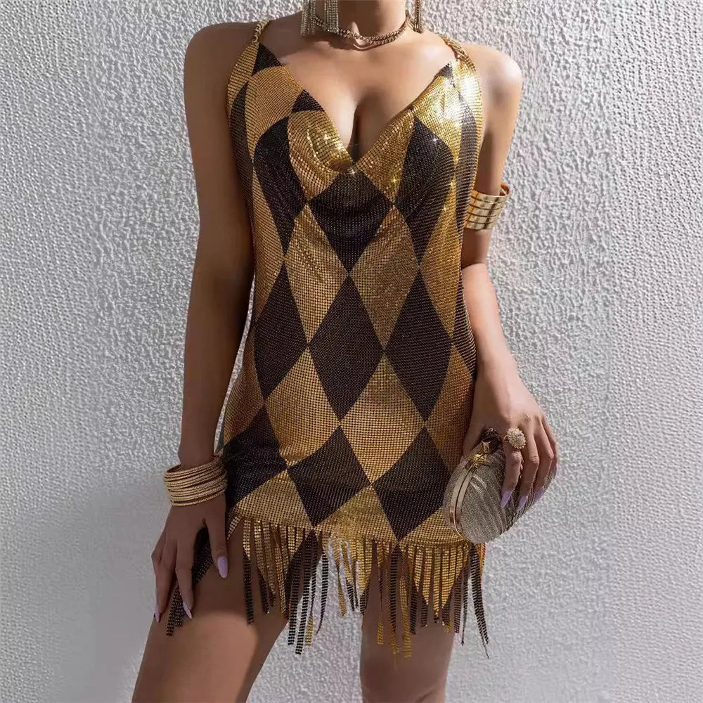 Halloween Women Metal Sequins Dress Sexy Backless Tassel V Neck Sleeveless Mini - product image 9