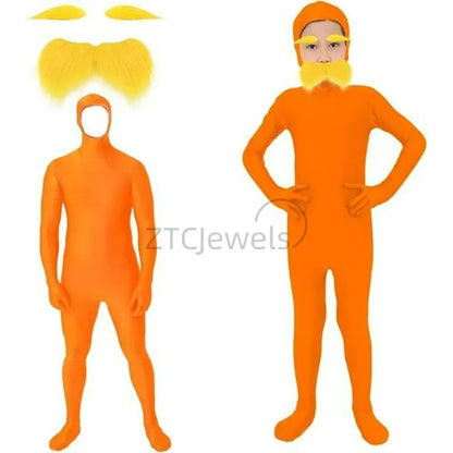 Adult Kid Halloween Jumpsuit Orange Costume Yellow Moustache and Eyebrow Baring Orange - Orange / adults 180cm