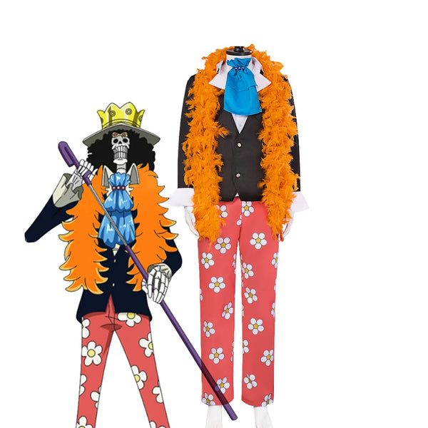 Halloween for Men Anime Soul Emperor Brook Costume Black Uniform Suit Orange Scarf Pant - Black SET / S
