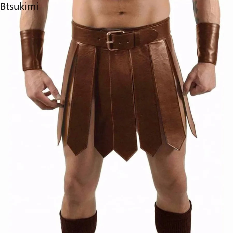 Men's Medieval Renaissance Roman PU Skirt Warrior Gladiator Knight Halloween Costume - Yellow / One Size