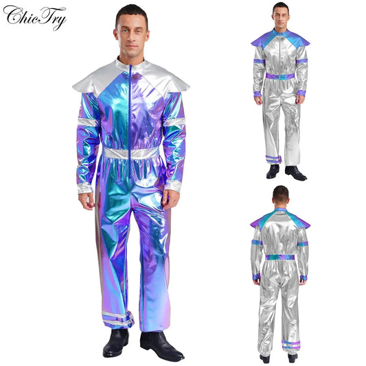 Men's Outer Space Alien Costume Halloween Robot Costume Jumpsuit Sleeves Deluxe Shiny - Silver / 3XL