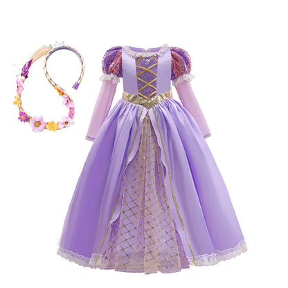 Girl Rapunzel Princess Dress for Kids Halloween Cosplay Tangled Costume Birthday Party Gifts Purple Sequins Mesh Bow Clothing