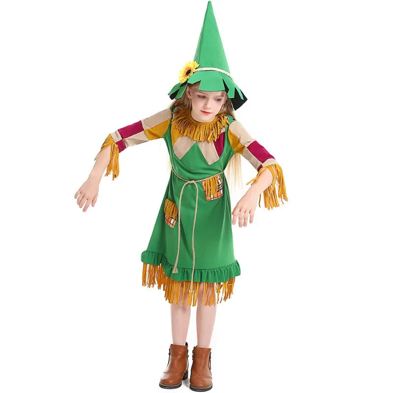 Halloween Girls Wizard Of Scarecrow Green Tassel Puppet Girl Dress Masquerade Witch Party Disguise Costume - product image 5