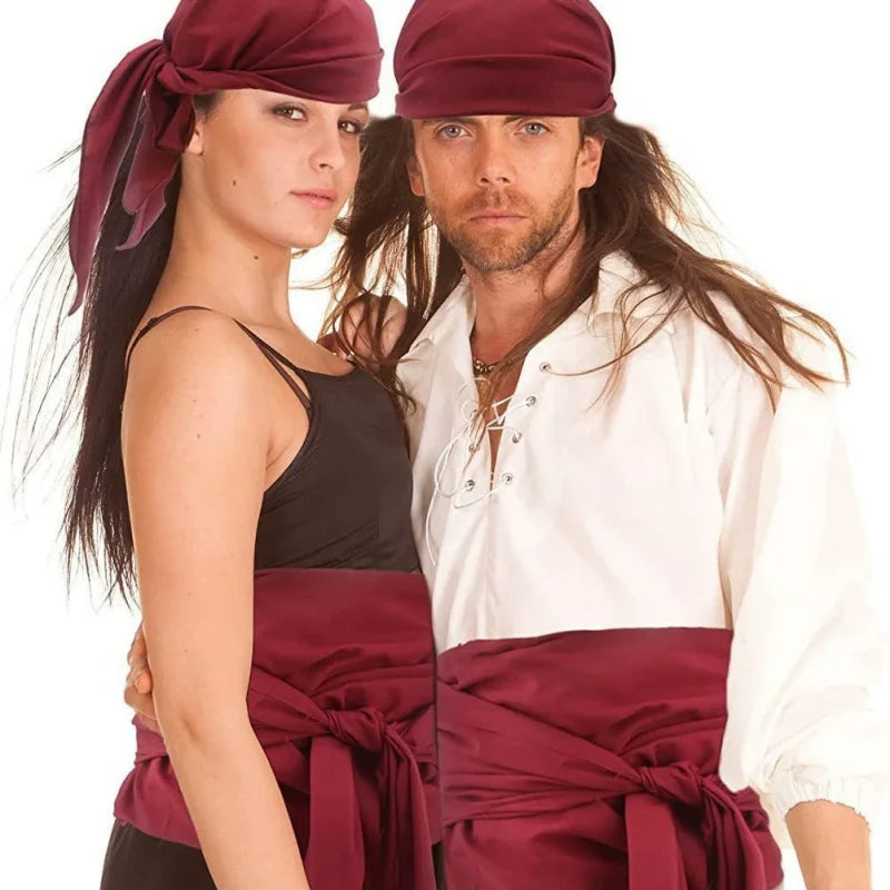 Halloween Punk Costume Pirate Costume Set with Linen Headscarf and Belt for Men and Women - Red / One Size
