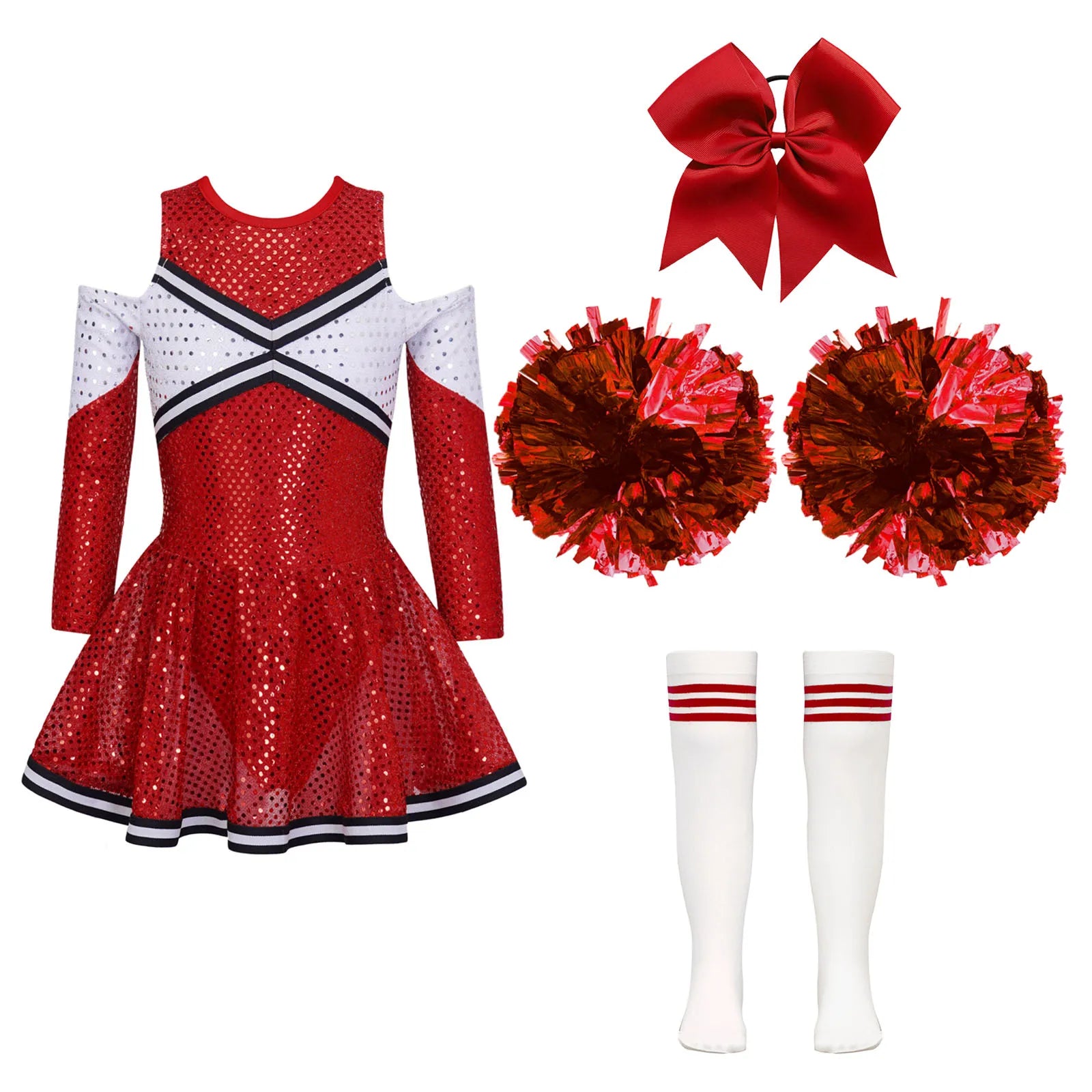 Kids Girls Cheerleader Costume Halloween Cosplay Cheerleading Dance Outfits Sequins Dress with Pom Poms Bow - product image 14