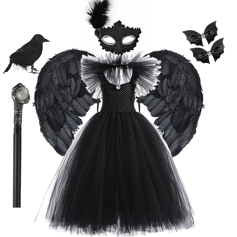 Kids' Horned Dark Fairy Queen Evil Witch Black Tulle Fantasy Costume - alternate view 12