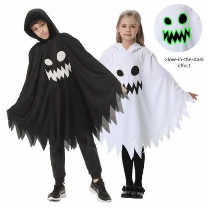 White Black Halloween Costume Ghost Face Design Cape Shawl Luminous Cloak Glow in the Dark - White S / XS（old）
