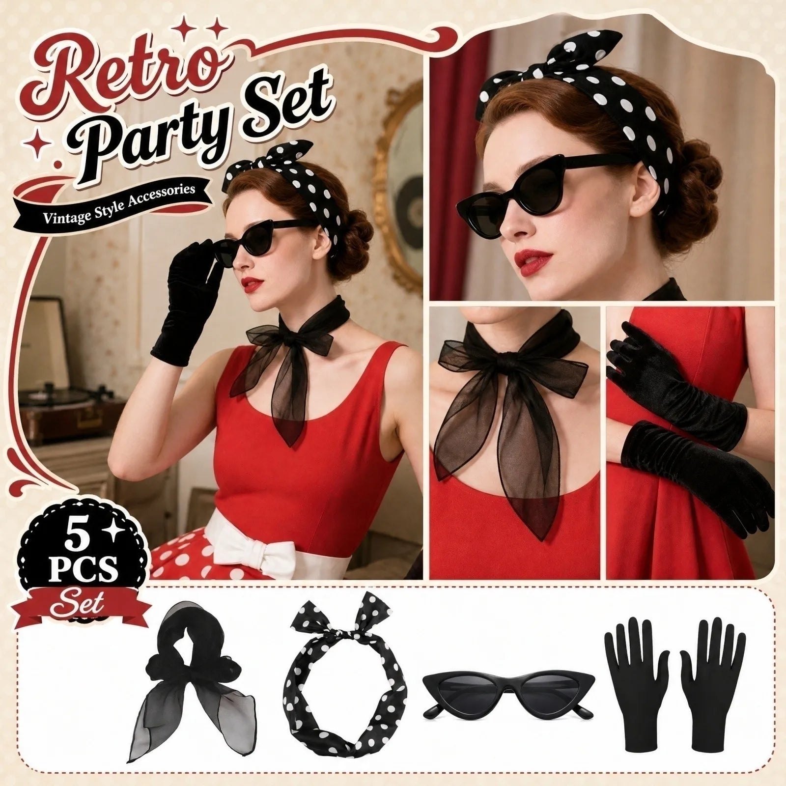 50s 60s Women's Costume Retro Party Outfit Set with Headband Scarf Glasses Gloves Accessories - product image 8