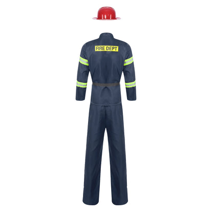 Men's Firefighter Firefighting Heroes Halloween Costume Plastic Helmet Sleeve Fireman - Navy Blue / 170