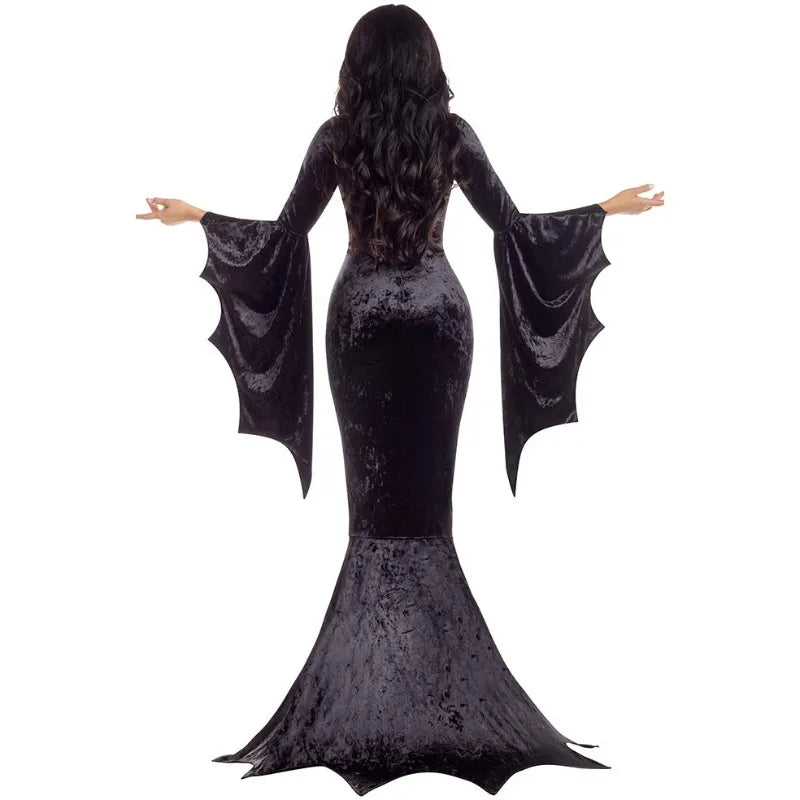 Witchy Costume Morticia Addams Long Train Dress Halloween Terror Dark Outfit Gothic Gown Robe Bat Sleeve