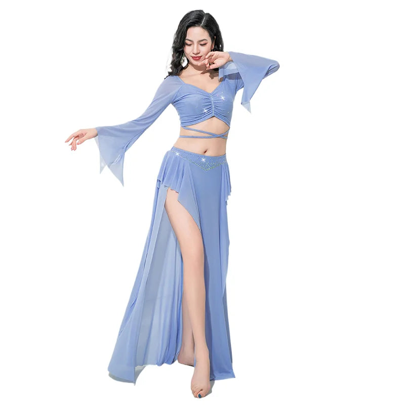 Women's Adult Costumes Horn Long Sleeve Oriental Dance Dress Sparkle Rhinestone Shine Skirt Sexy Side Split - product image 8